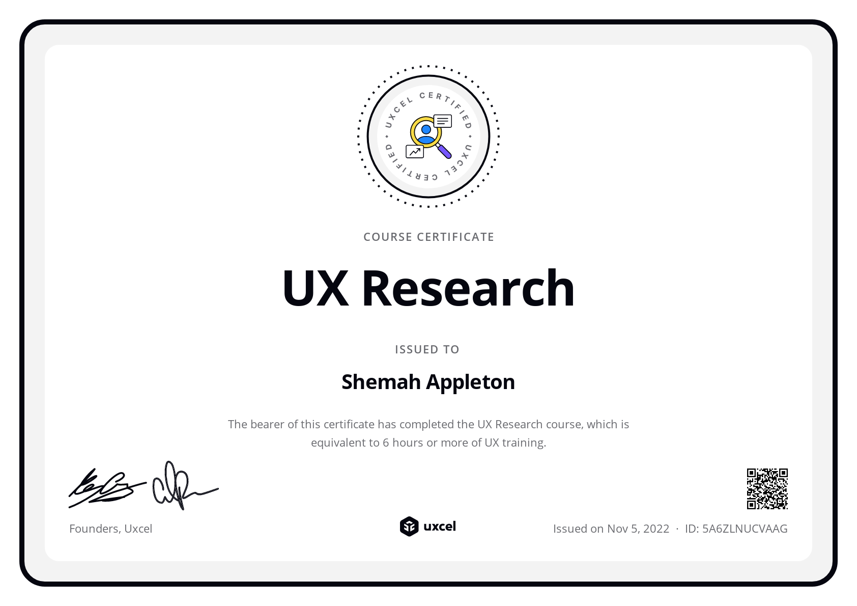 Shemah Appleton's certificate